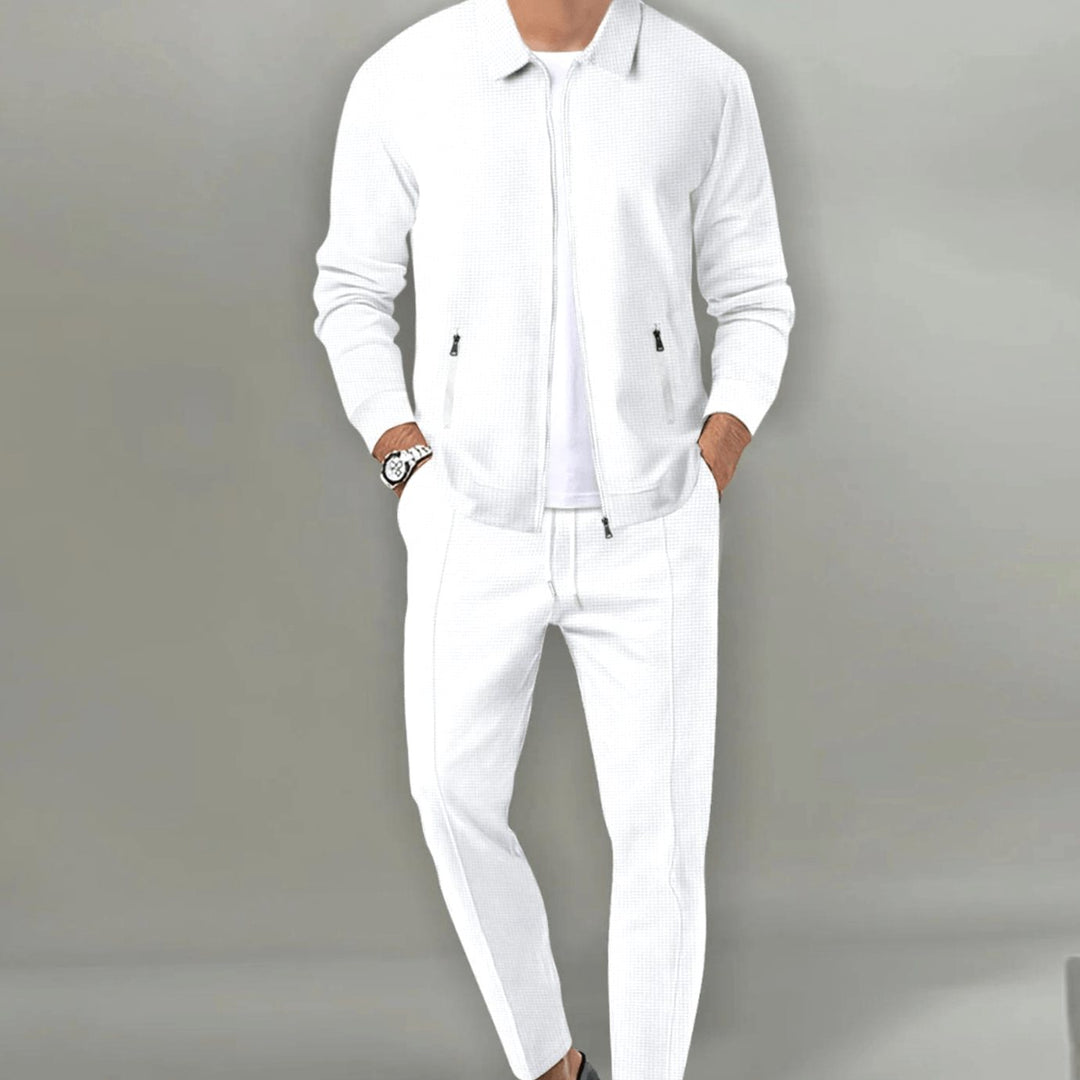 Men's Slim-Fit Zip-Up Casual Tracksuit Two-Piece Jogger Set - White