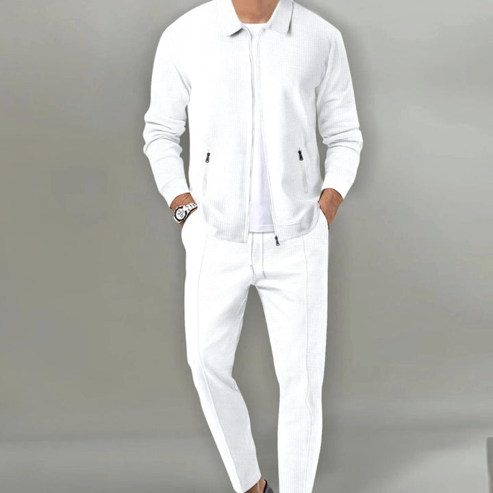 Men's Slim-Fit Zip-Up Casual Tracksuit Two-Piece Jogger Set - White