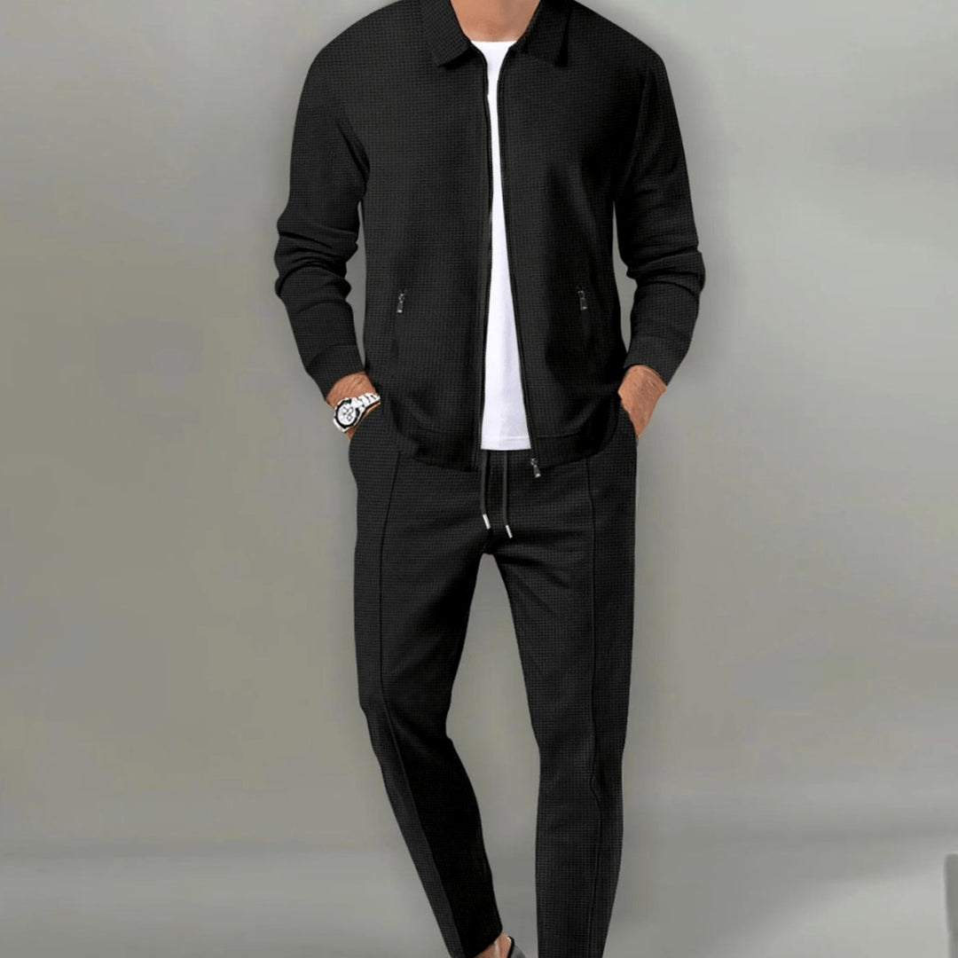 Men's Slim-Fit Zip-Up Casual Tracksuit Two-Piece Jogger Set - Black