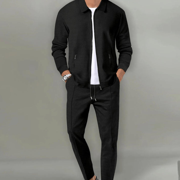 Men's Slim-Fit Zip-Up Casual Tracksuit Two-Piece Jogger Set - Black