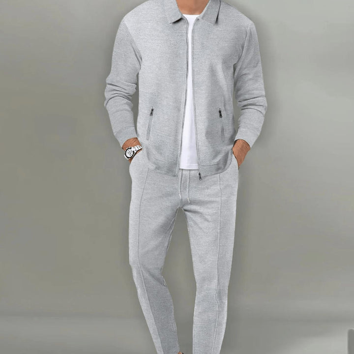 Men's Slim-Fit Zip-Up Casual Tracksuit Two-Piece Jogger Set - Grey