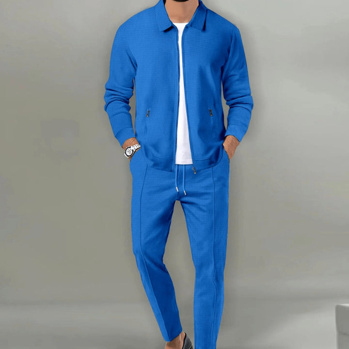 Men's Slim-Fit Zip-Up Casual Tracksuit Two-Piece Jogger Set - Blue