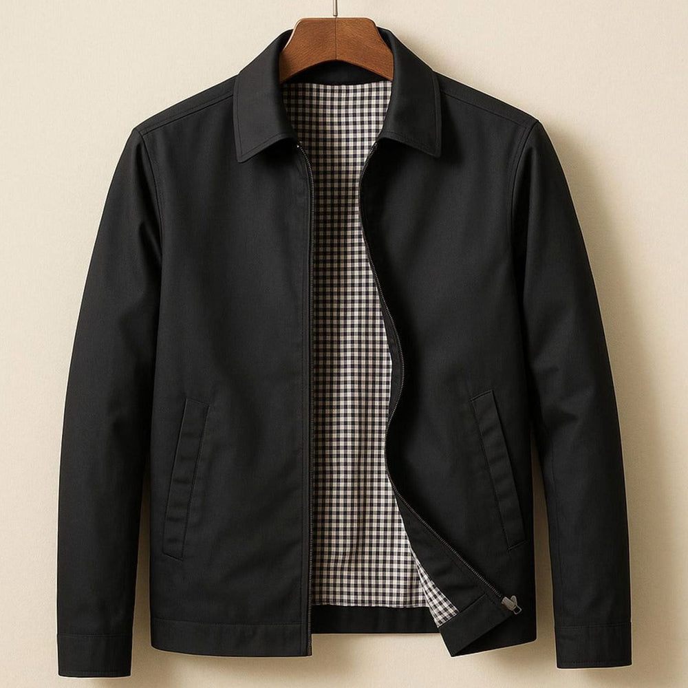 Men's Smart-Casual Harrington Jacket Gingham-Lined Full-Zip - Black