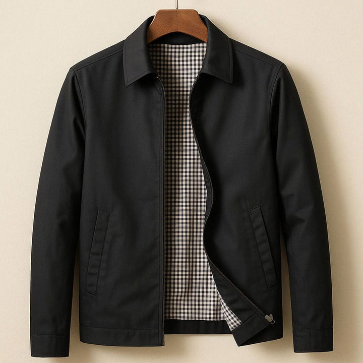 Men's Smart-Casual Harrington Jacket Gingham-Lined Full-Zip - Black