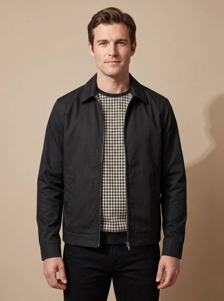 Men's Smart-Casual Harrington Jacket Gingham-Lined Full-Zip