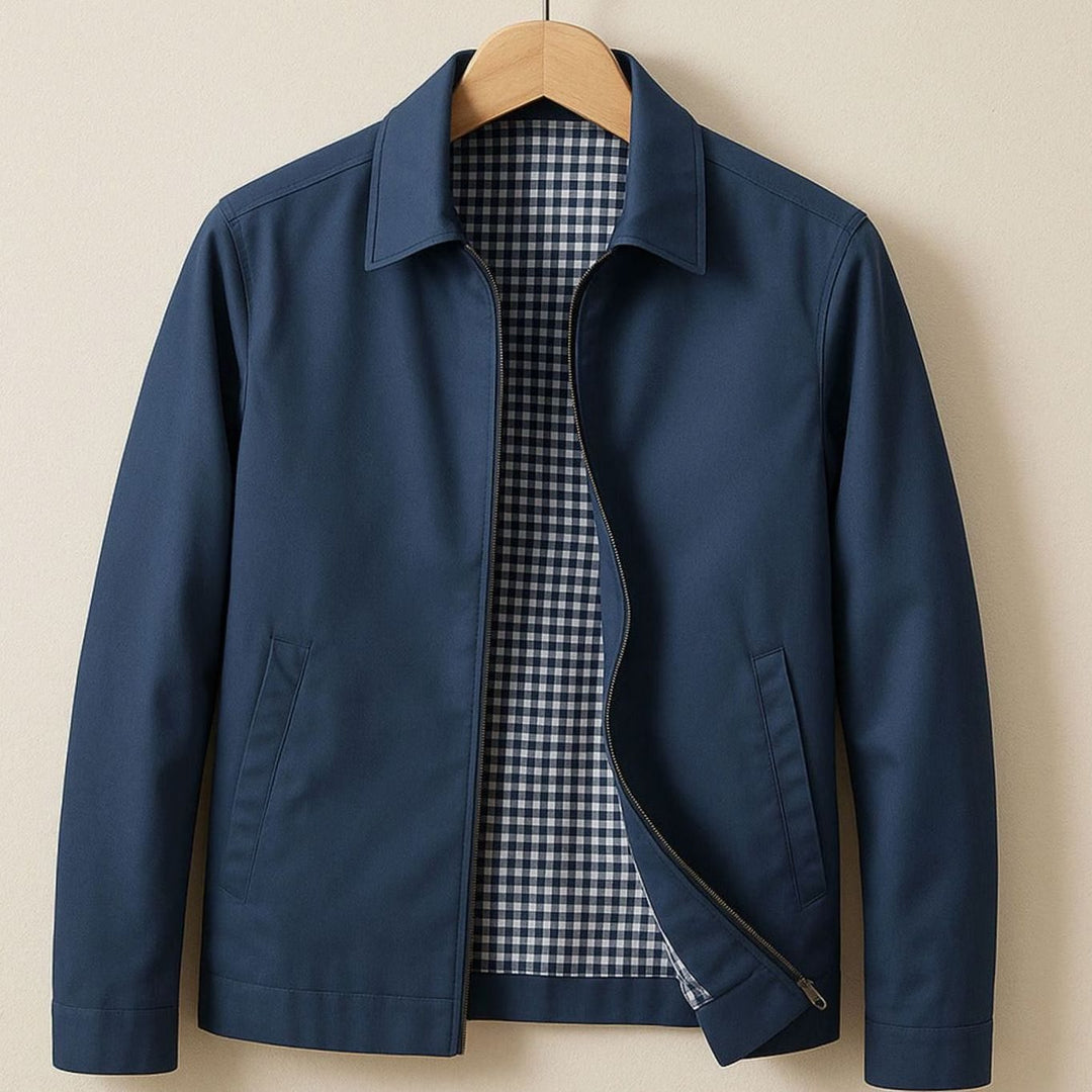 Men's Smart-Casual Harrington Jacket Gingham-Lined Full-Zip - Blue