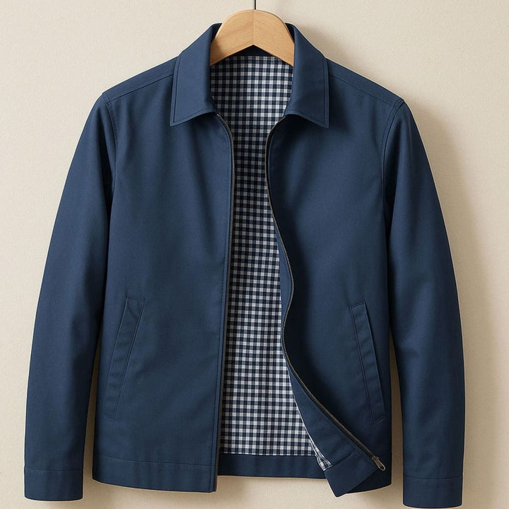 Men's Smart-Casual Harrington Jacket Gingham-Lined Full-Zip - Blue