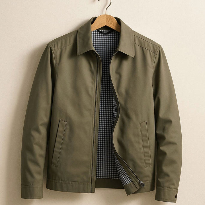 Men's Smart-Casual Harrington Jacket Gingham-Lined Full-Zip - Khaki