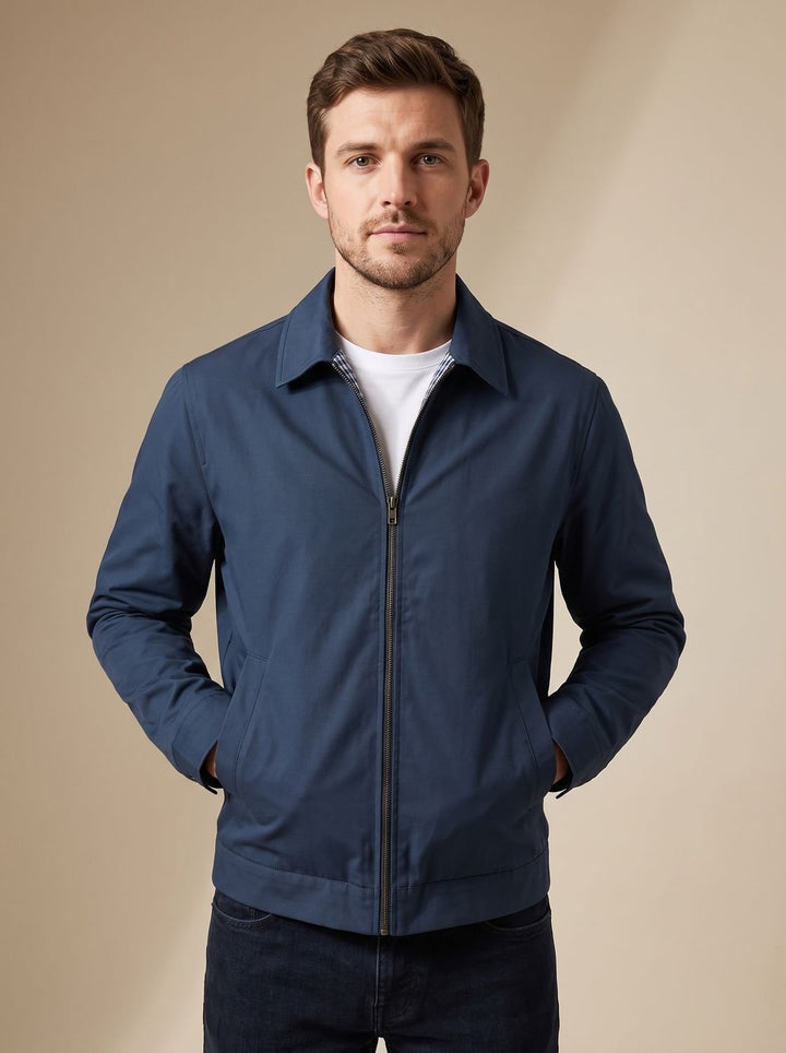 Men's Smart-Casual Harrington Jacket Gingham-Lined Full-Zip