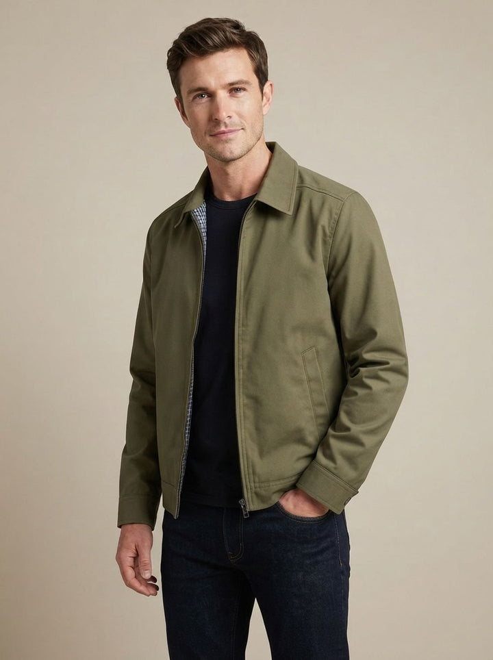 Men's Smart-Casual Harrington Jacket Gingham-Lined Full-Zip