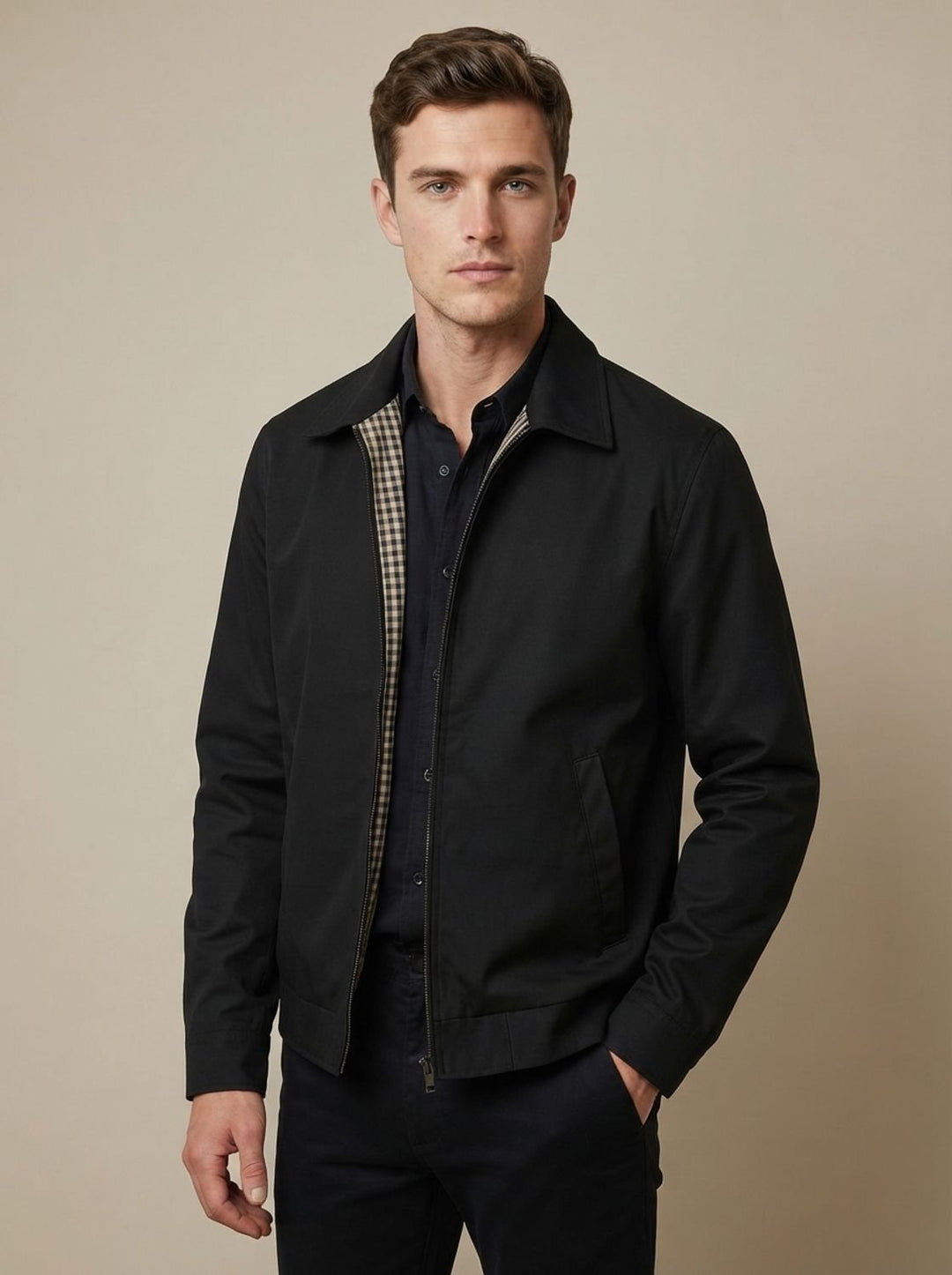 Men's Smart-Casual Harrington Jacket Gingham-Lined Full-Zip