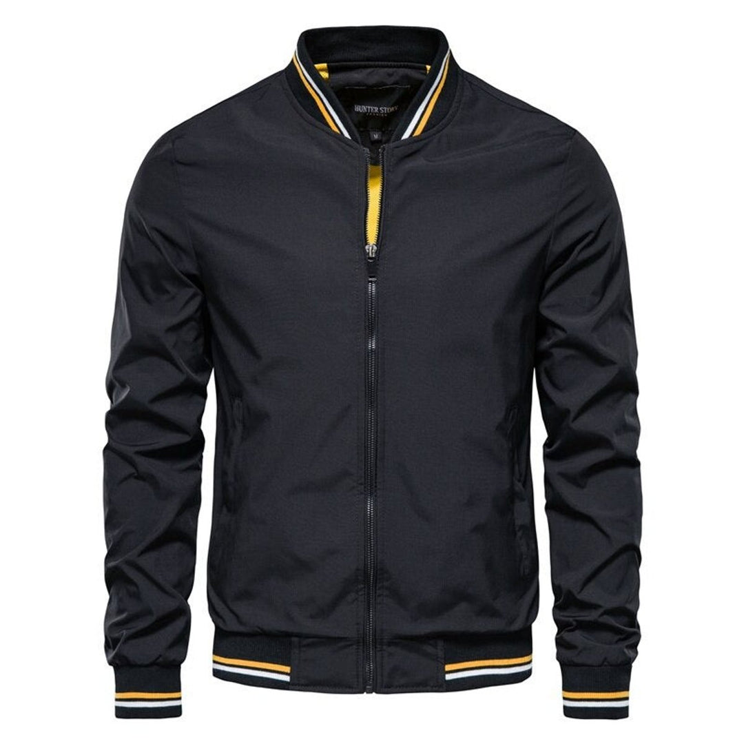 Men's Solid Zip-Up Bomber Jacket Ribbed Collar Cuffs