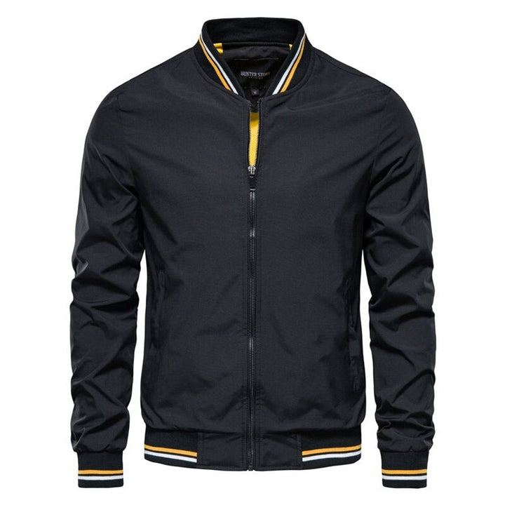Men's Solid Zip-Up Bomber Jacket Ribbed Collar Cuffs