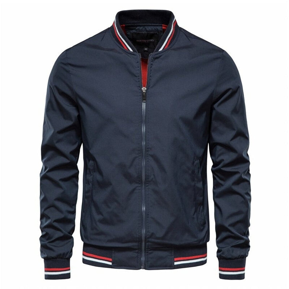 Men's Solid Zip-Up Bomber Jacket Ribbed Collar Cuffs