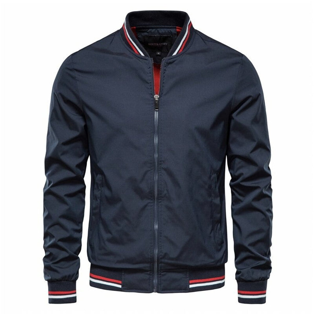 Men's Solid Zip-Up Bomber Jacket Ribbed Collar Cuffs