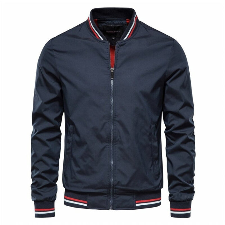 Men's Solid Zip-Up Bomber Jacket Ribbed Collar Cuffs