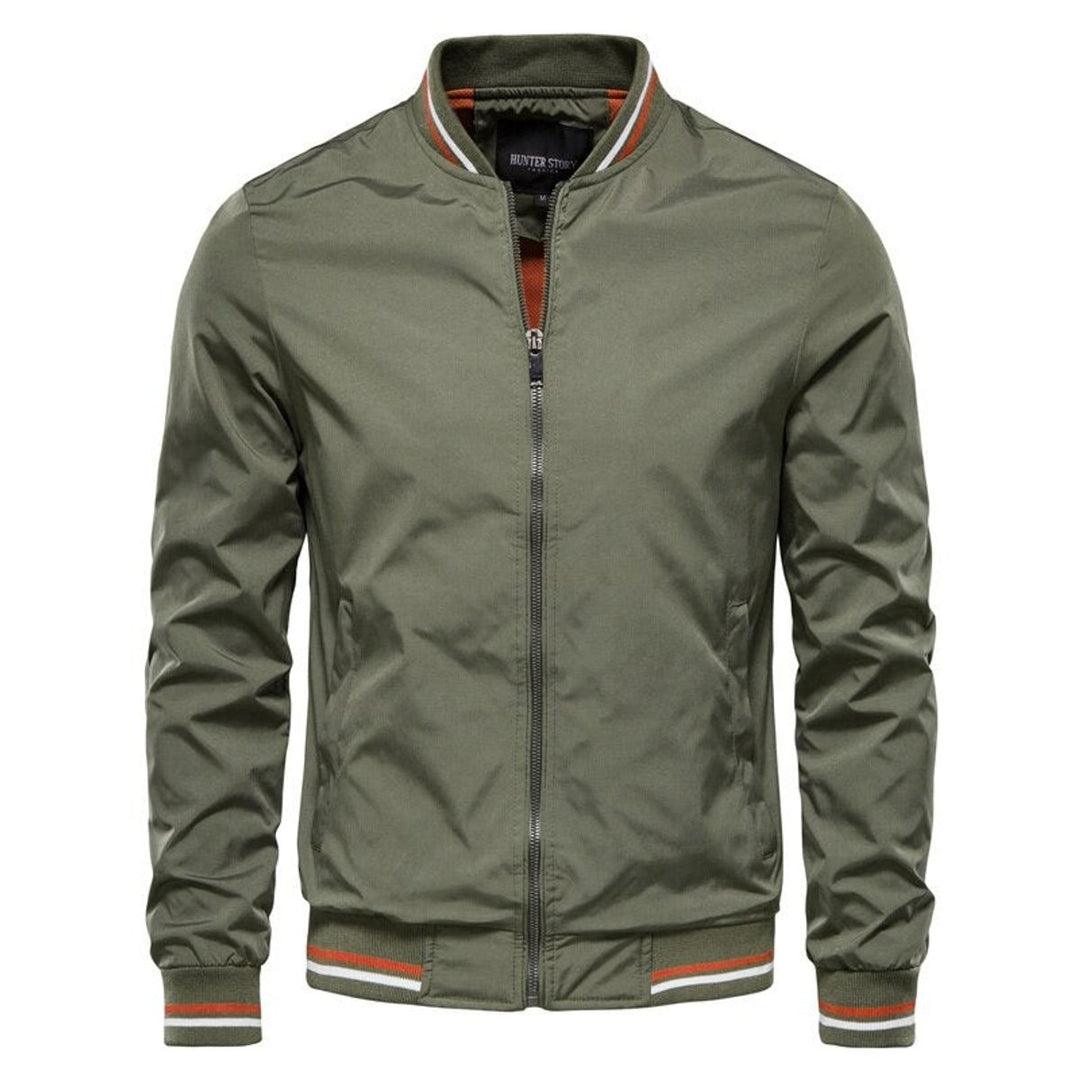 Men's Solid Zip-Up Bomber Jacket Ribbed Collar Cuffs