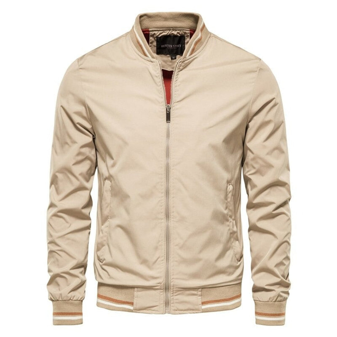 Men's Solid Zip-Up Bomber Jacket Ribbed Collar Cuffs