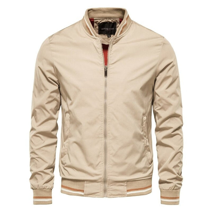 Men's Solid Zip-Up Bomber Jacket Ribbed Collar Cuffs