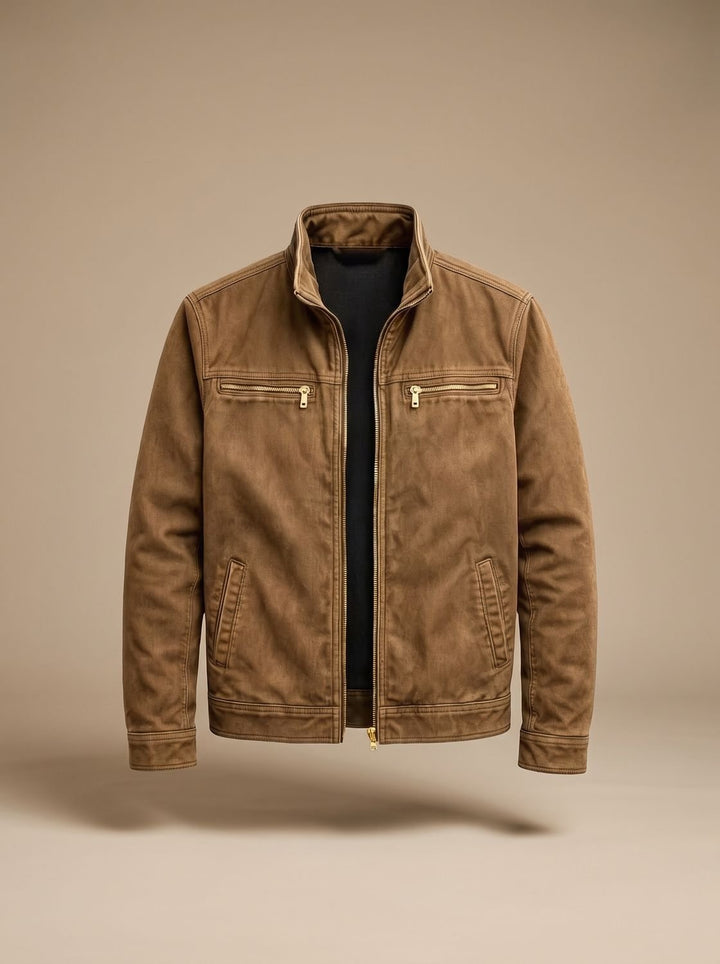 Men's Stand-Collar Full-Zip Slim-Fit Bomber Jacket - Brown