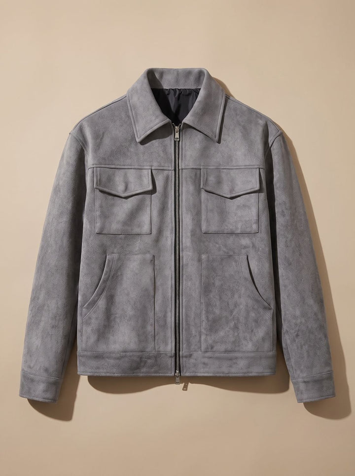 Men's Suede Full-Zip Trucker Jacket Shirt Collar - Gray