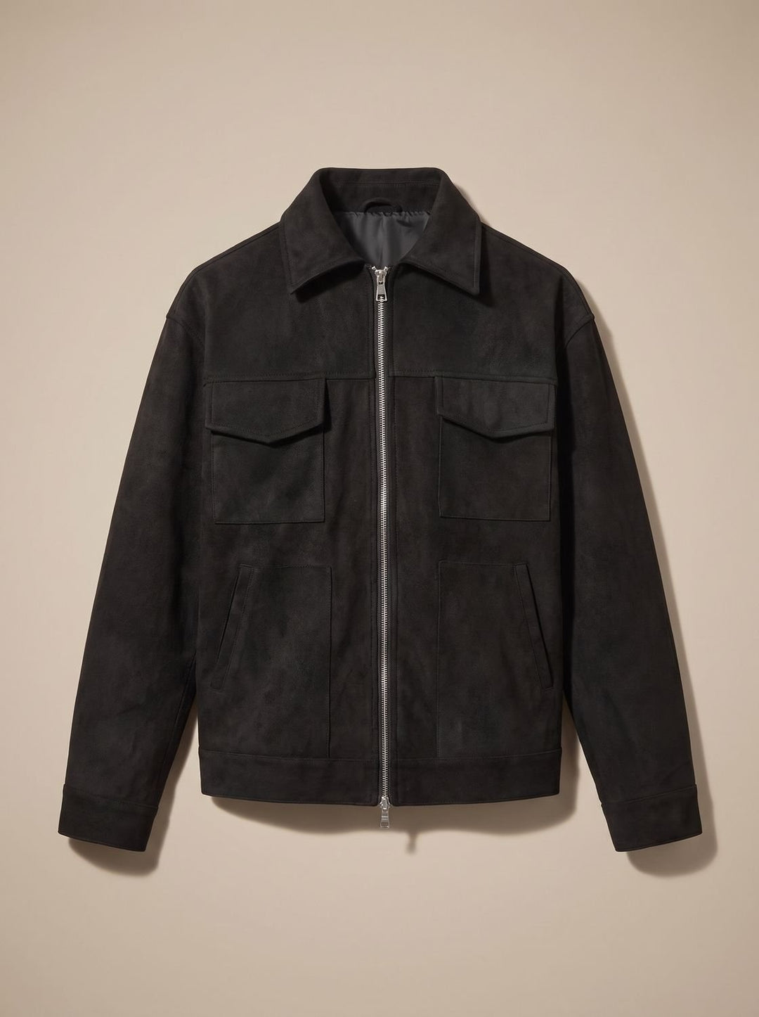 Men's Suede Full-Zip Trucker Jacket Shirt Collar - Black