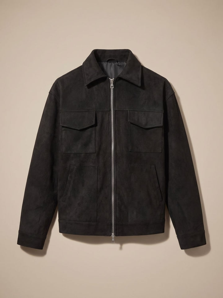 Men's Suede Full-Zip Trucker Jacket Shirt Collar - Black