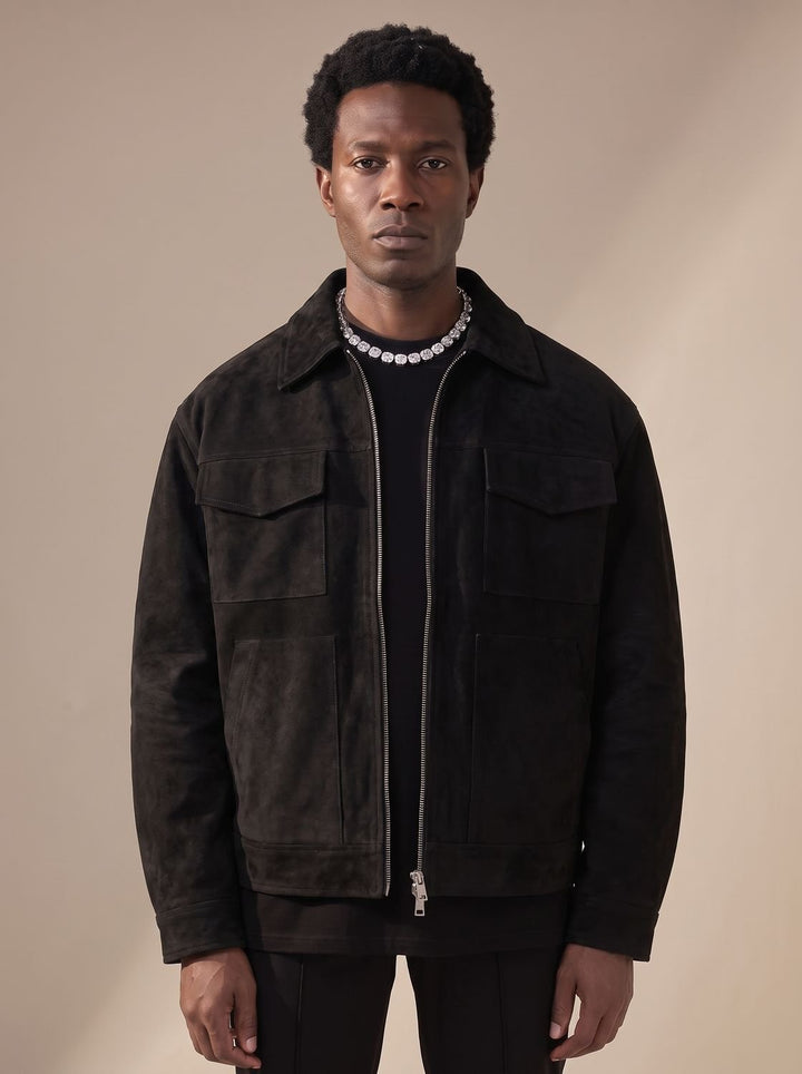 Men's Suede Full-Zip Trucker Jacket Shirt Collar