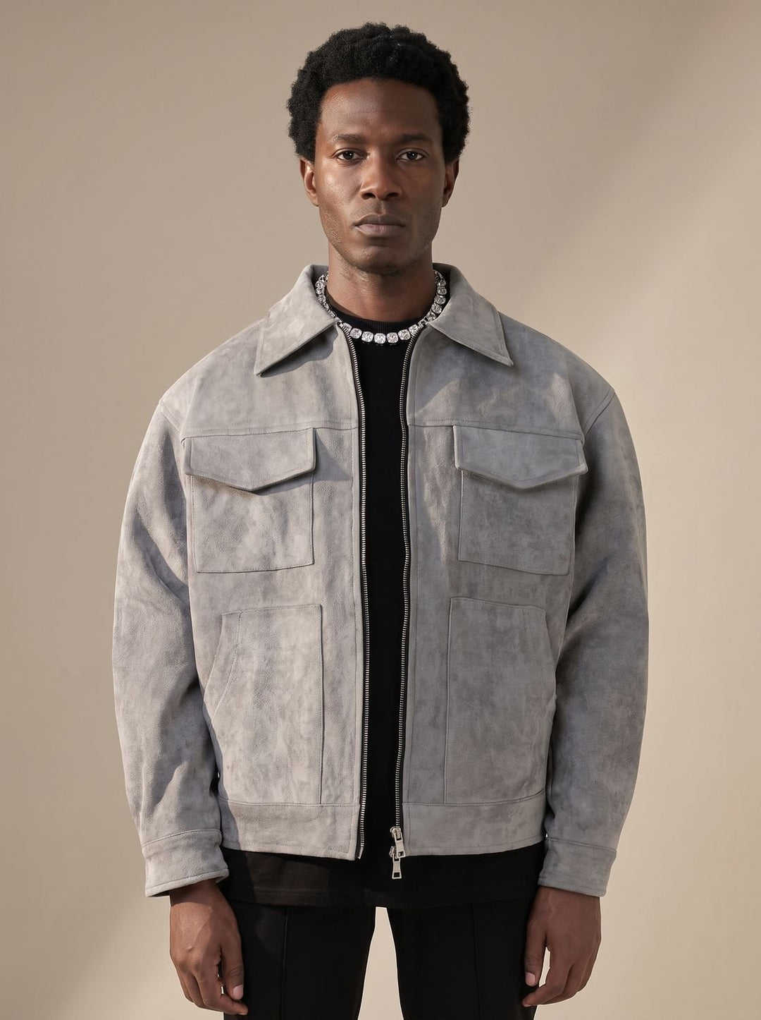 Men's Suede Full-Zip Trucker Jacket Shirt Collar