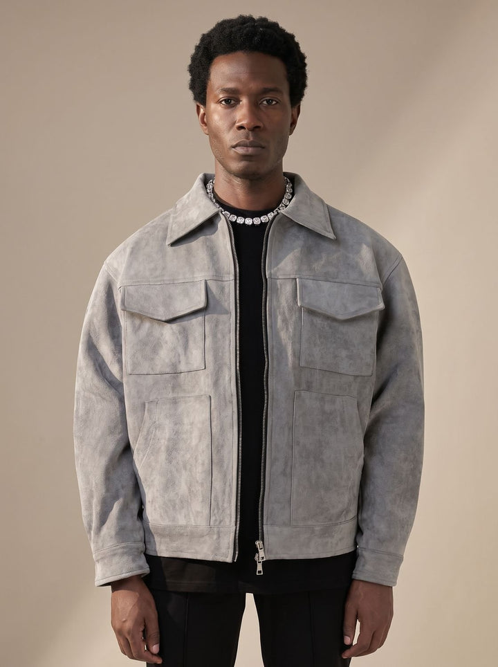 Men's Suede Full-Zip Trucker Jacket Shirt Collar