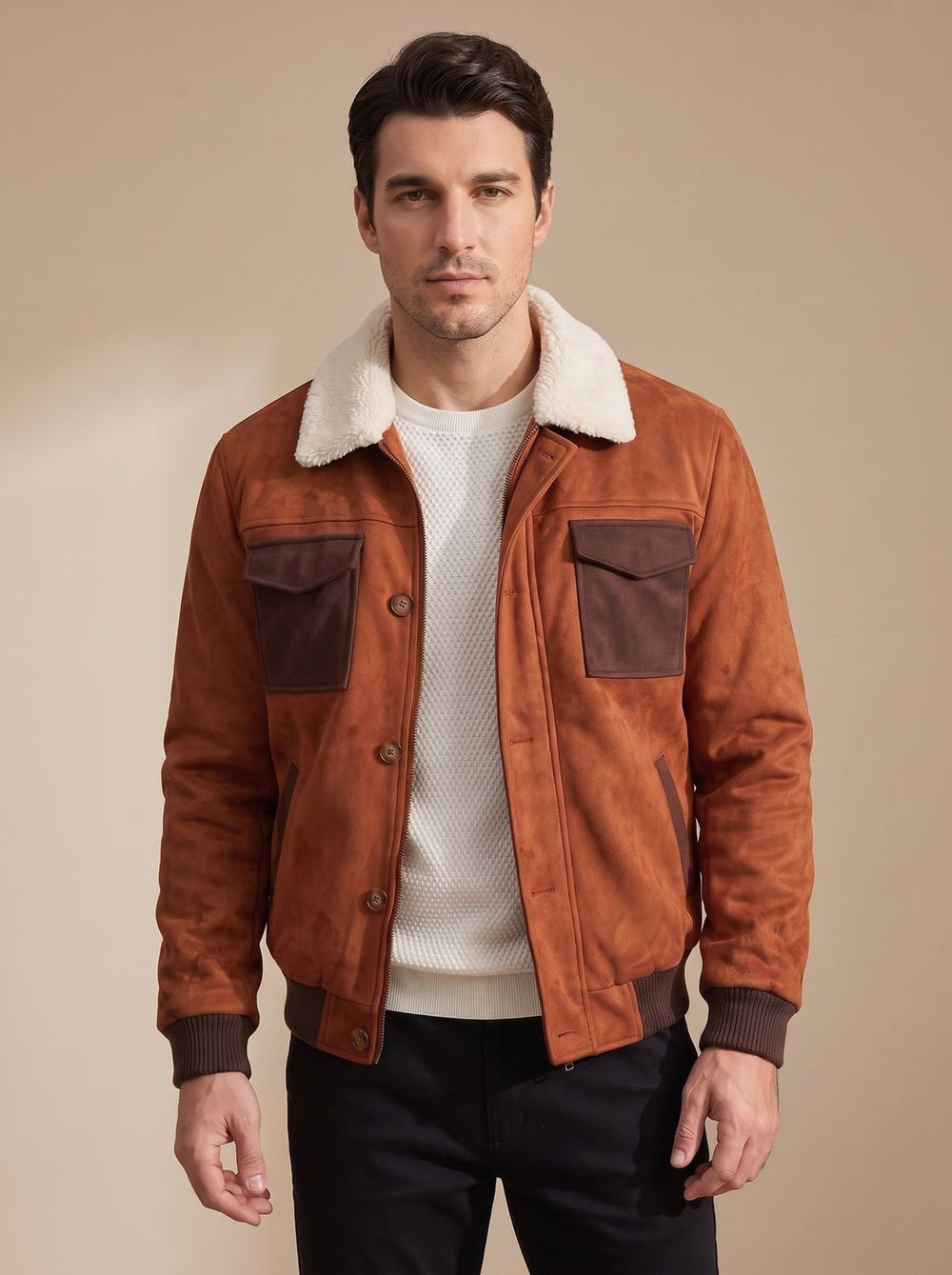 Men's Suede Sherpa-Lined Bomber Jacket Vintage Button-Front