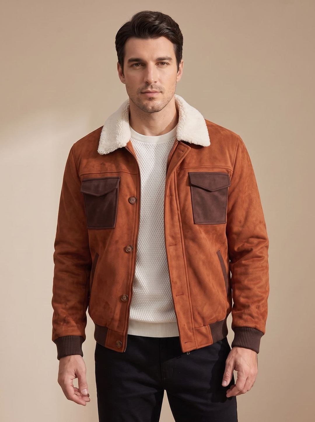Men's Suede Sherpa-Lined Bomber Jacket Vintage Button-Front