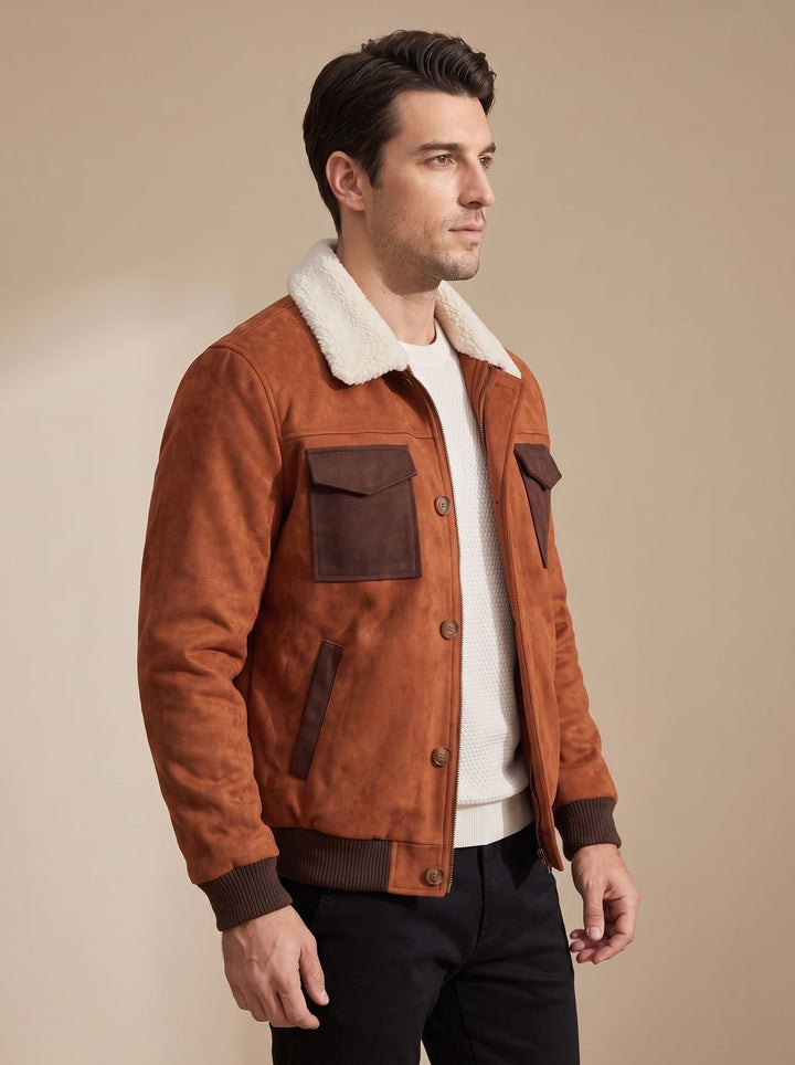 Men's Suede Sherpa-Lined Bomber Jacket Vintage Button-Front