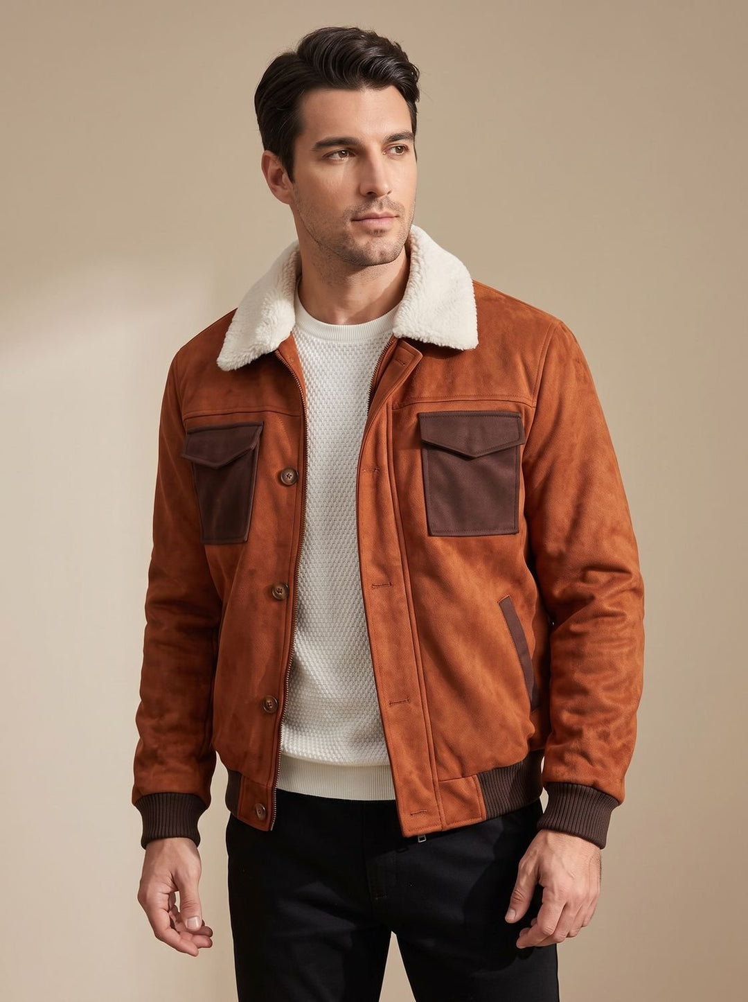 Men's Suede Sherpa-Lined Bomber Jacket Vintage Button-Front