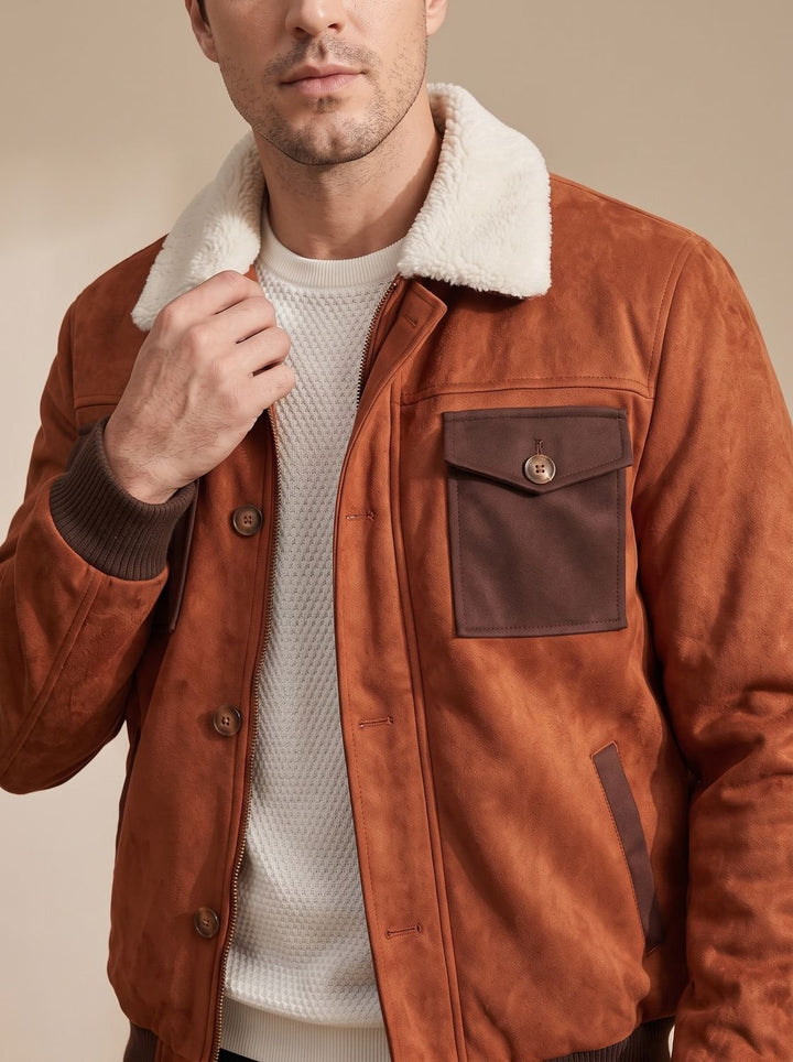 Men's Suede Sherpa-Lined Bomber Jacket Vintage Button-Front