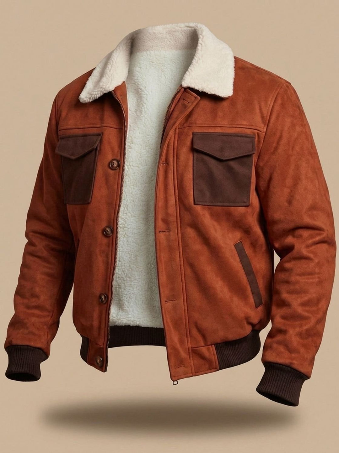 Men's Suede Sherpa-Lined Bomber Jacket Vintage Button-Front