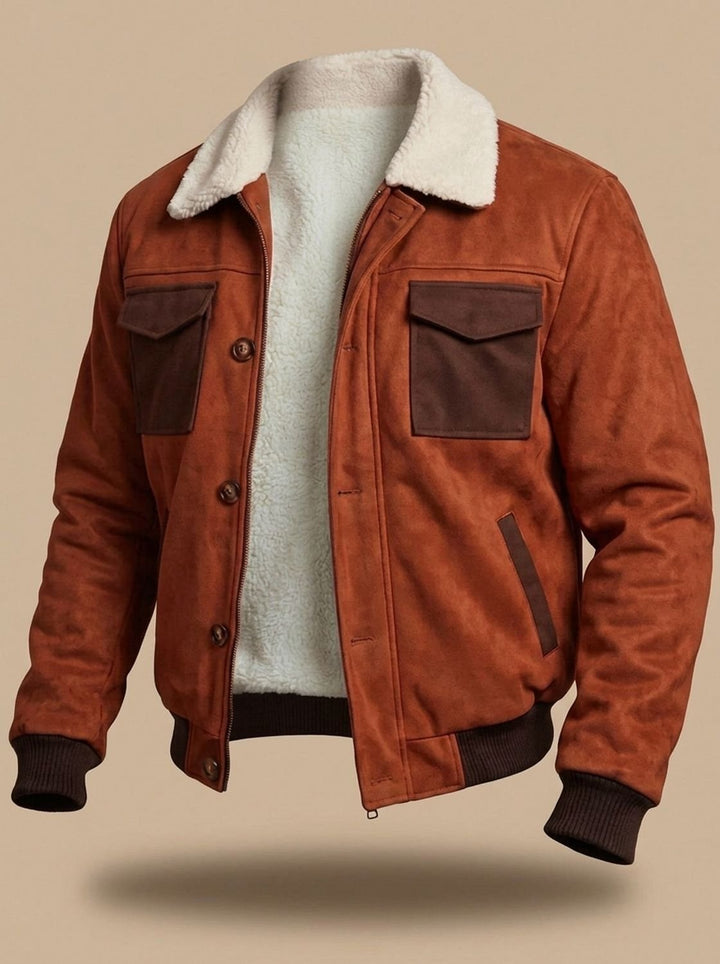 Men's Suede Sherpa-Lined Bomber Jacket Vintage Button-Front