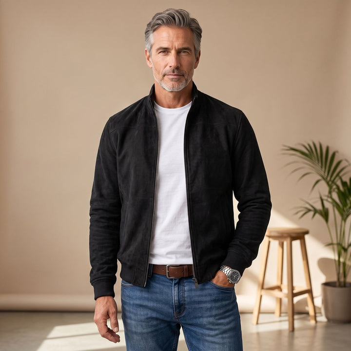 Men's Suede-Touch Zip-Up Bomber Jacket - Black
