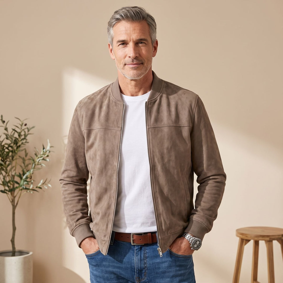 Men's Suede-Touch Zip-Up Bomber Jacket - Khaki