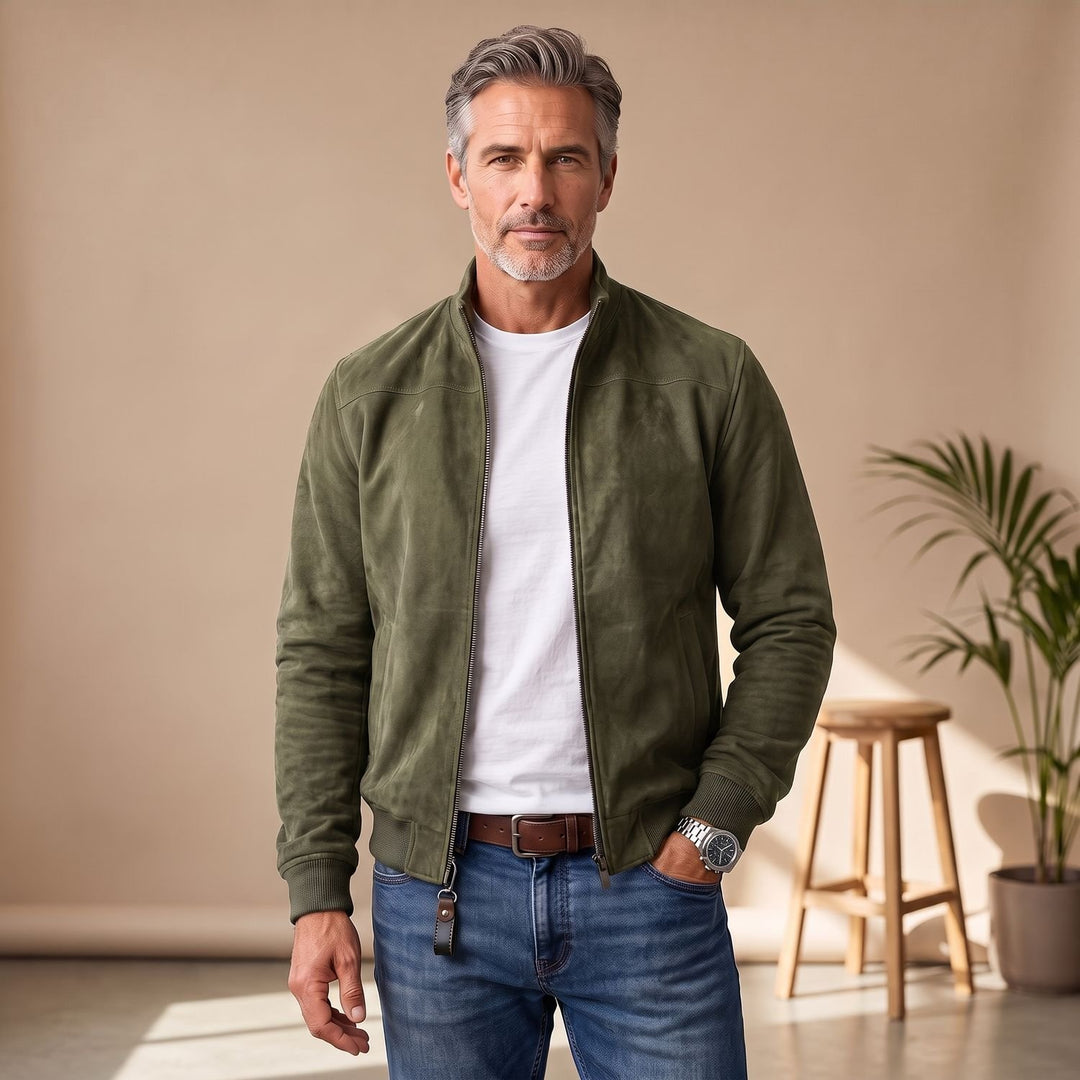 Men's Suede-Touch Zip-Up Bomber Jacket - Olive Green