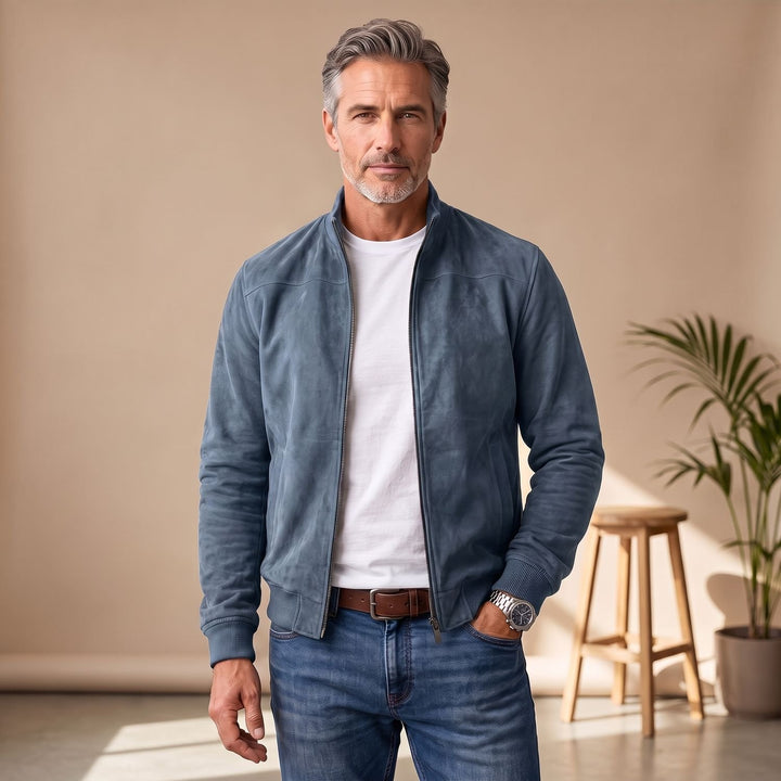 Men's Suede-Touch Zip-Up Bomber Jacket - Sky Blue