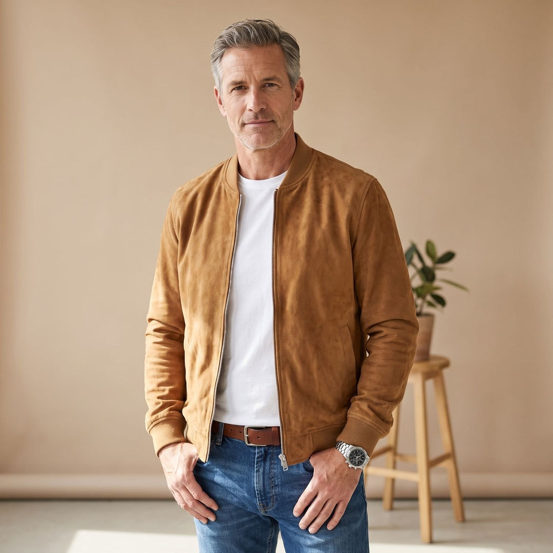 Men's Suede-Touch Zip-Up Bomber Jacket - Brown