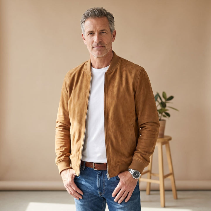 Men's Suede-Touch Zip-Up Bomber Jacket - Brown
