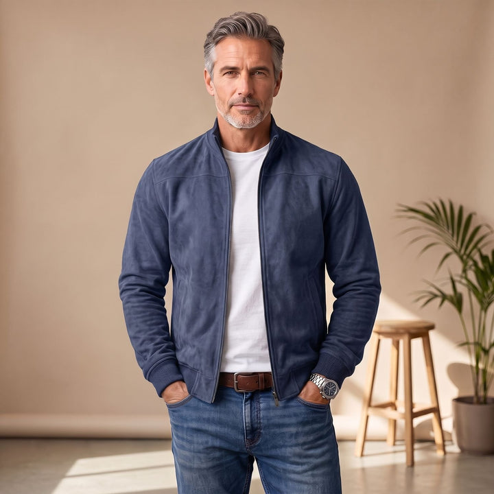 Men's Suede-Touch Zip-Up Bomber Jacket - Dark Blue