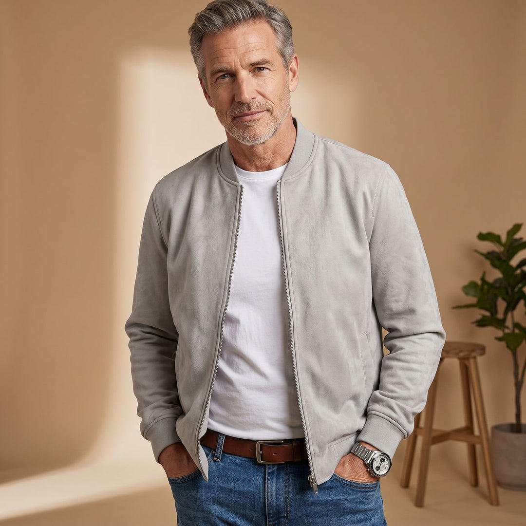 Men's Suede-Touch Zip-Up Bomber Jacket - Gray