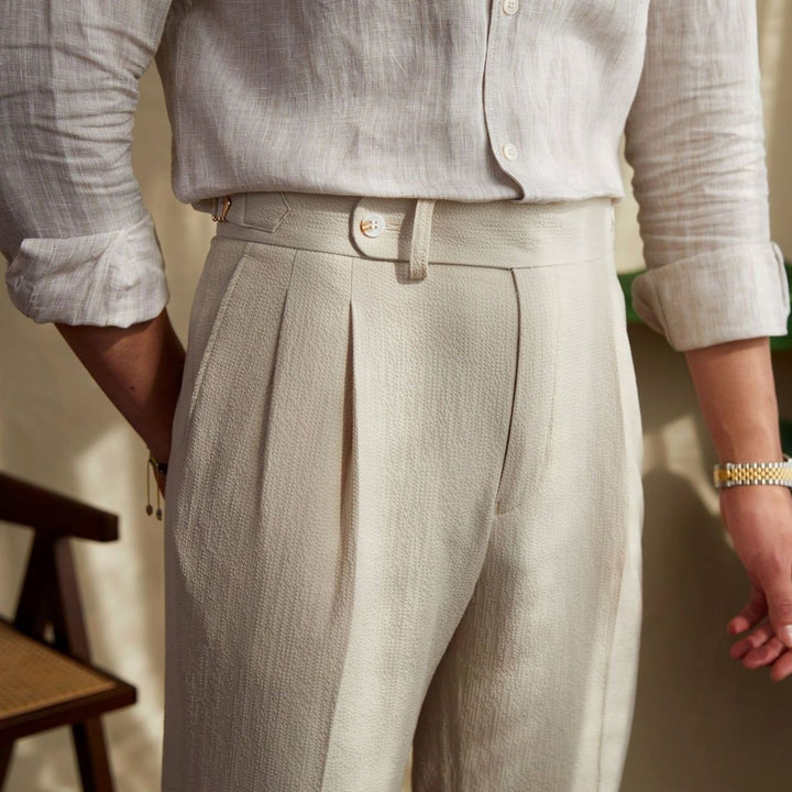 Men's Tailored High-Rise Pleated Trousers Cuffed Hem - Beige