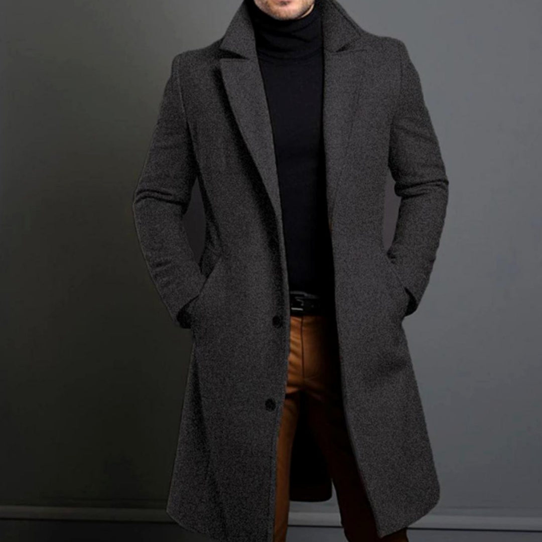 Men's Tailored Lapel Long Overcoat Single-Breasted Wool-Look - Grey