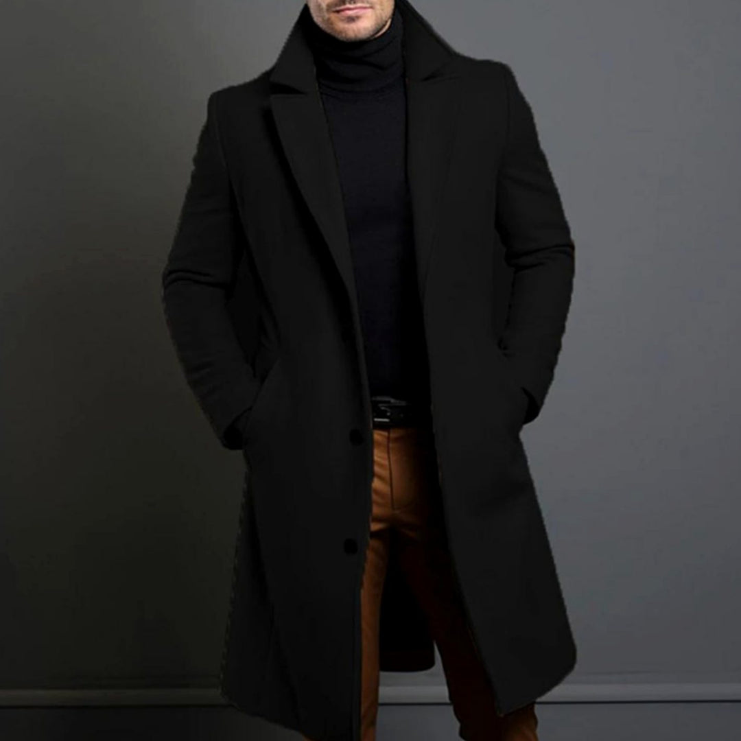 Men's Tailored Lapel Long Overcoat Single-Breasted Wool-Look - Black