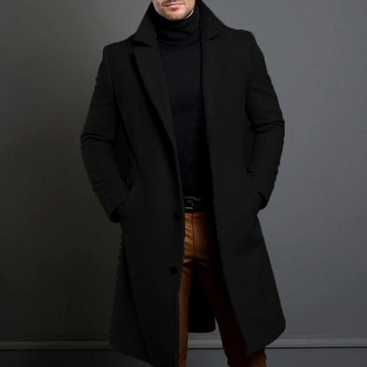 Men's Tailored Lapel Long Overcoat Single-Breasted Wool-Look - Black