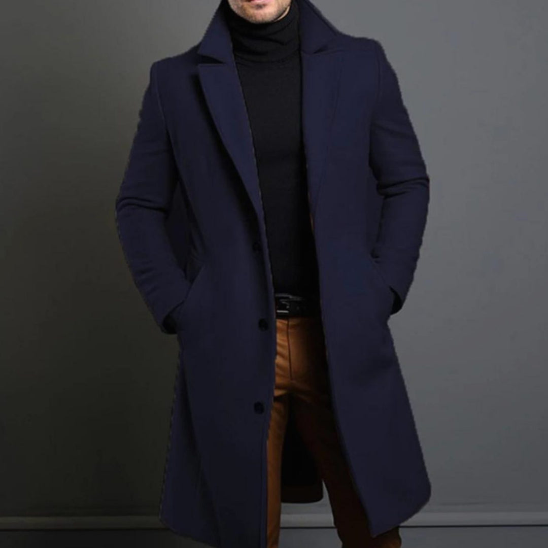 Men's Tailored Lapel Long Overcoat Single-Breasted Wool-Look - Blue